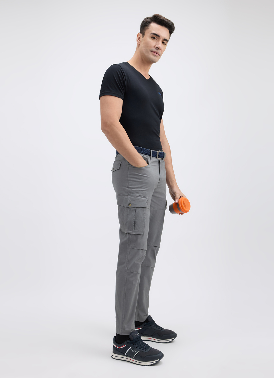 Men Grey Mid Rise Stretch Cargo, , large image number 0