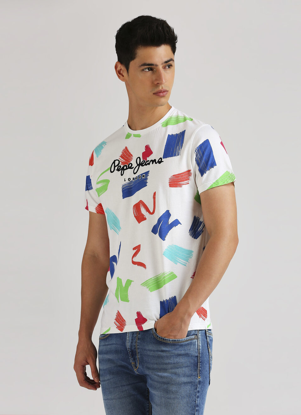 White Brush Stroke Inspired Print Trendy Short Sleeve T-shirt, , large image number 3