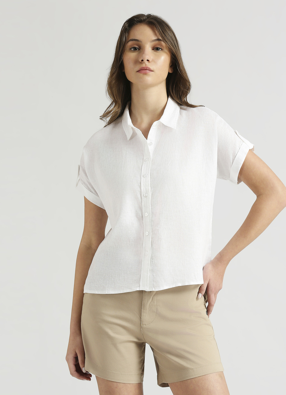 White Linen Epaulette Extended Sleeve Shirt, , large image number 1