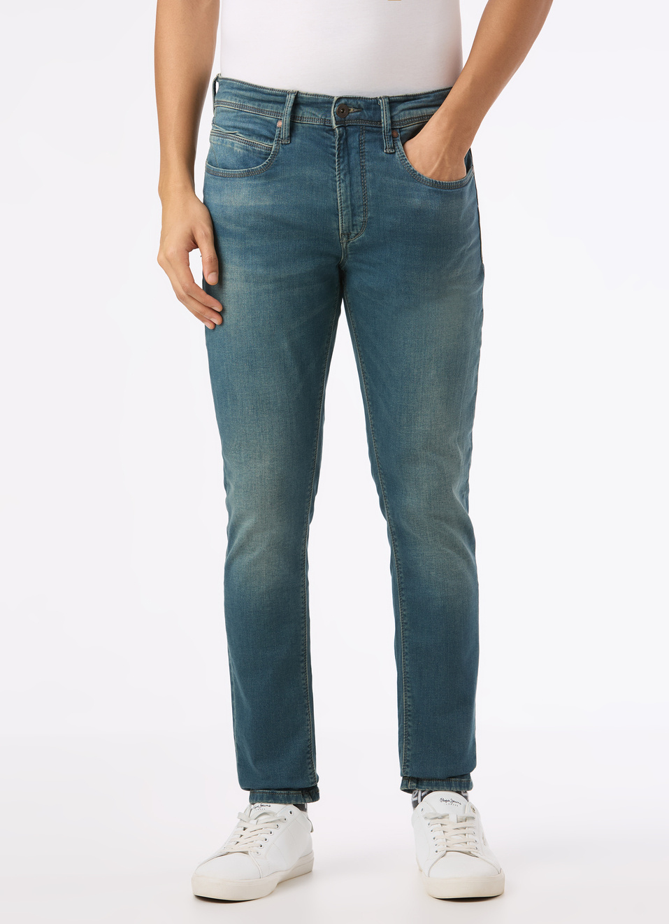 Men Mid Rise Tapered Fit Blue Stretchable Jeans, , large image number 1
