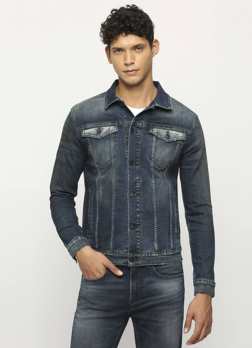 Dark Blue Front Pocket Trucker Denim Jacket, , large image number 1