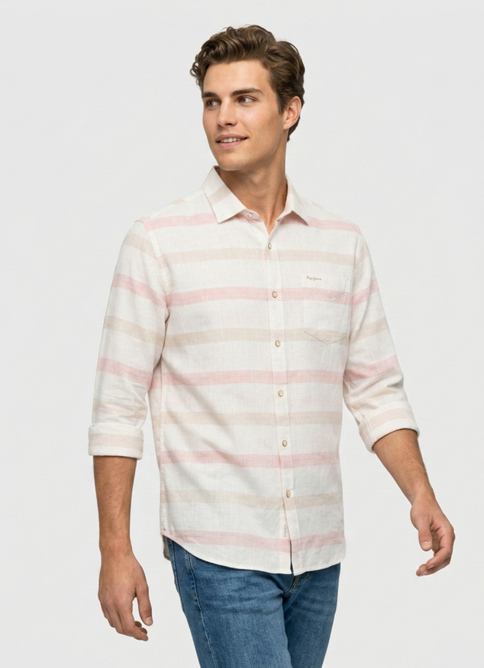 Men Peach Striped Long Sleeve Shirt, , large image number 3