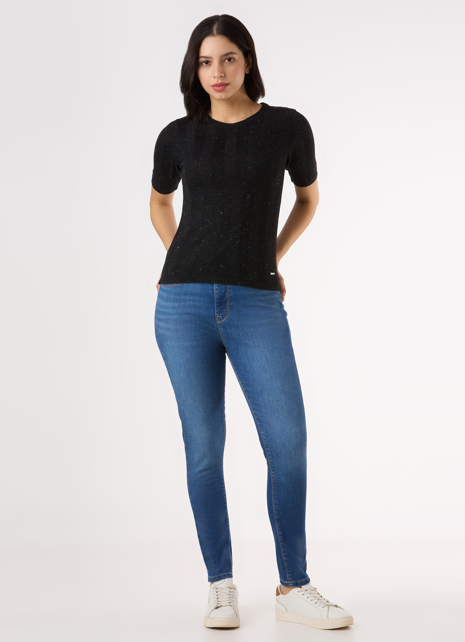 Women Black Textured Regular Half Sleeve Top, , large image number 5