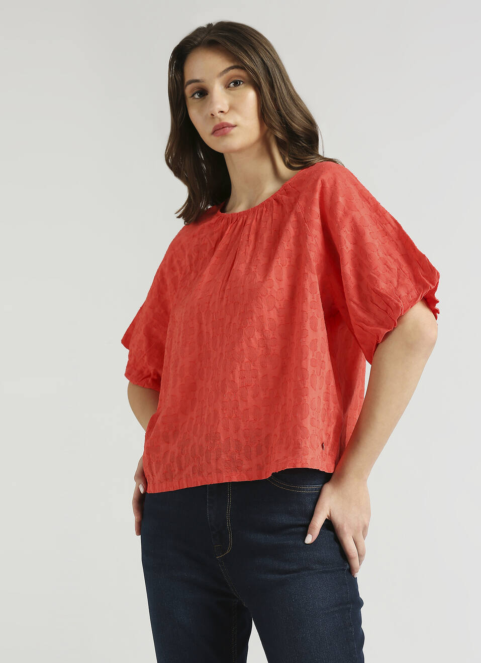 Red Self Design Raglan Puff Sleeve Top, , large image number 0