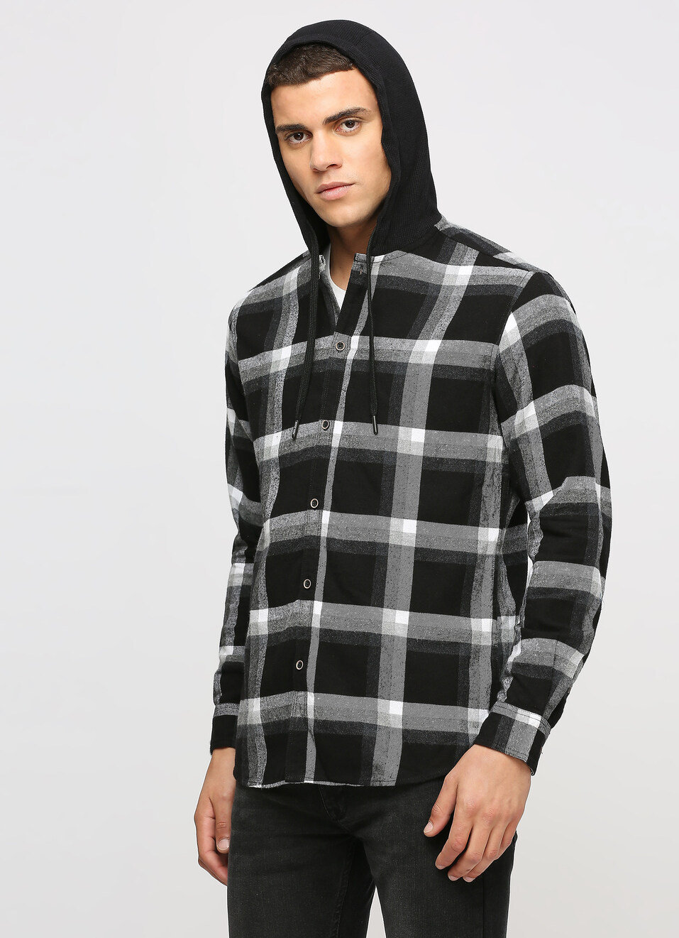 Black Checks Long Sleeve Hooded Shirt, , large image number 3