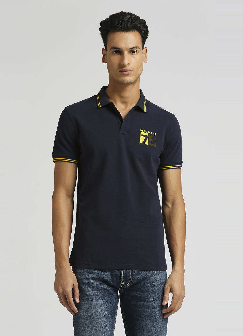 Navy Flock Print Contrast Tipping Detail Polo, , large image number 1
