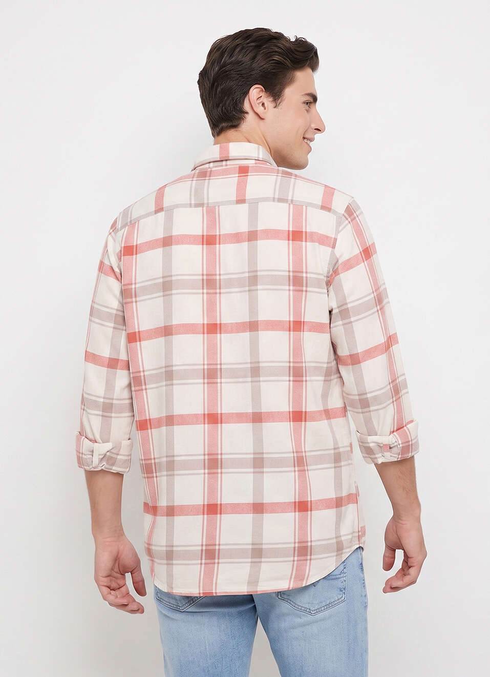 Men Off White Checked Brushed Long Sleeve Shirt, , large image number 2