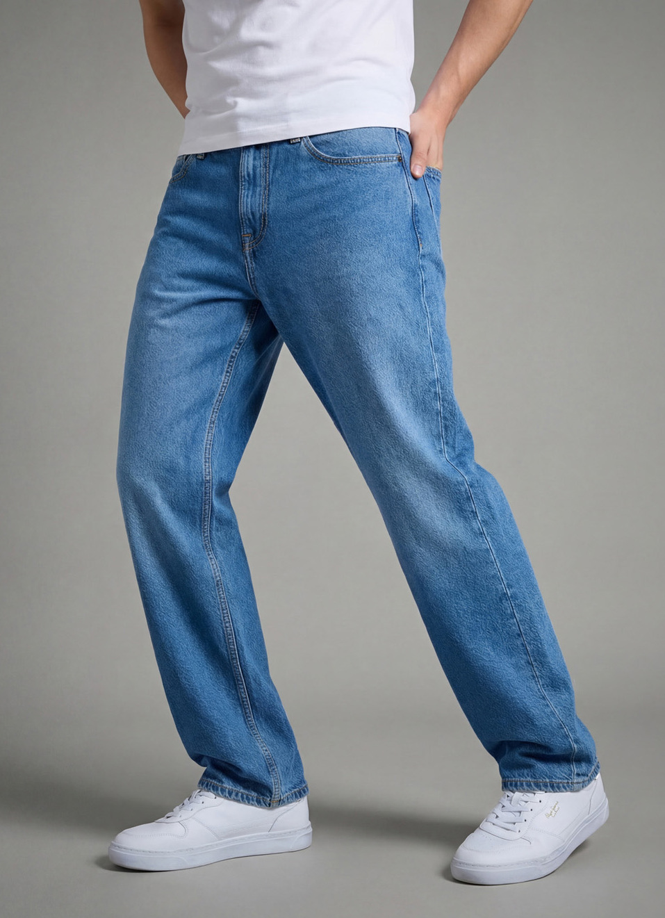Men Blue Relaxed Barrel Fit Mid Rise Jeans , , large image number 0