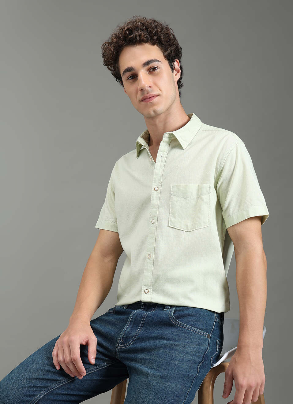 Men Green Solid Short Sleeve Shirt, , large image number 0