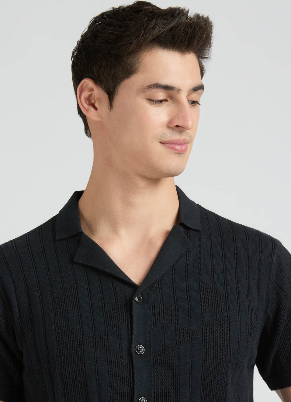Black Resort Collar Short Sleeve Flat Knit Shirt, , large image number 4