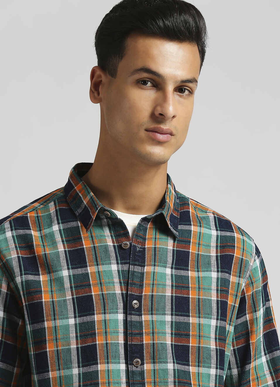 Yarn Dyed Indigo Checks Linen Long Sleeve Shirt, , large image number 4