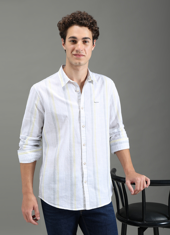 Men Beige Striped Shirt