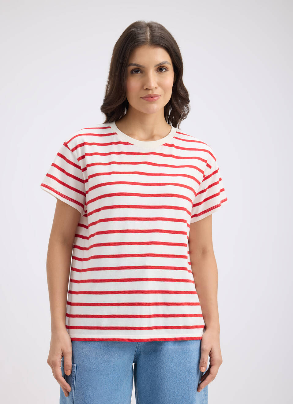 Women Red Stripe Short Sleeve T-shirt, , large image number 1