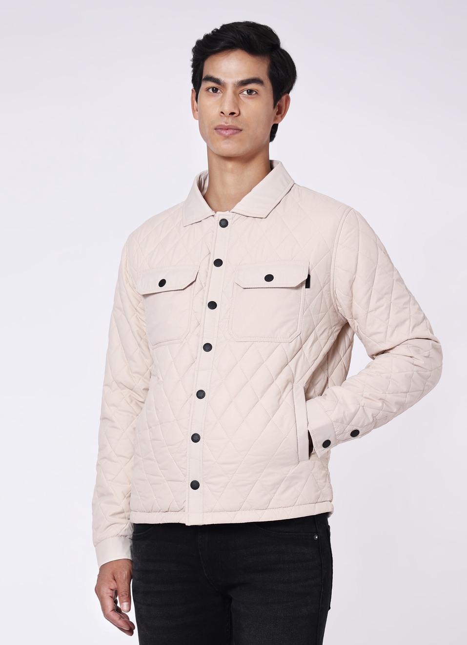 Men Beige Diamond Quilted Jacket, , large image number 3