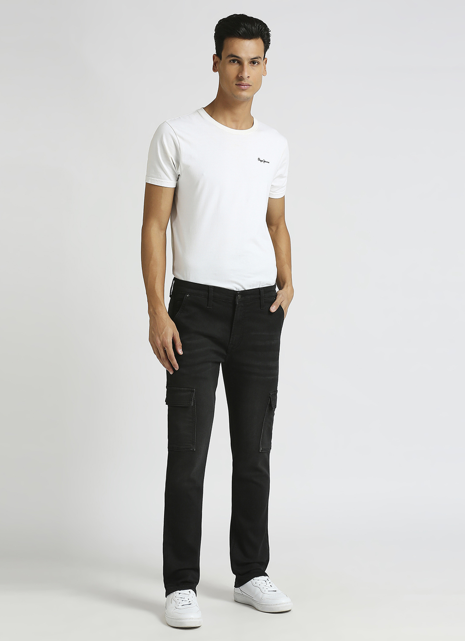 Cargo Straight Mid Rise Black Jeans, , large image number 1