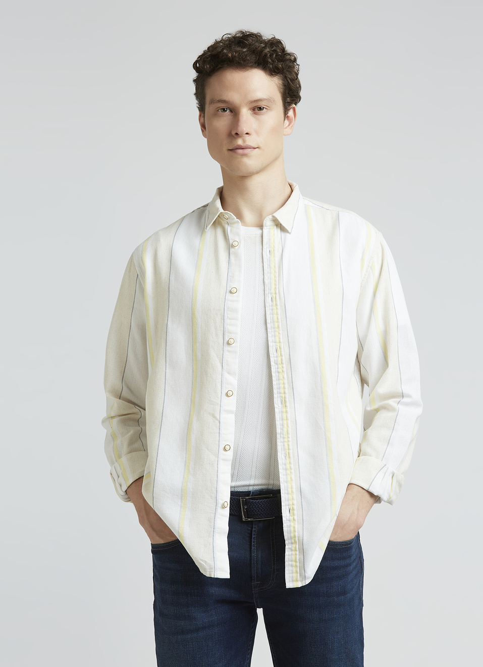 Beige Stripes Full Sleeve Shirt, , large image number 0