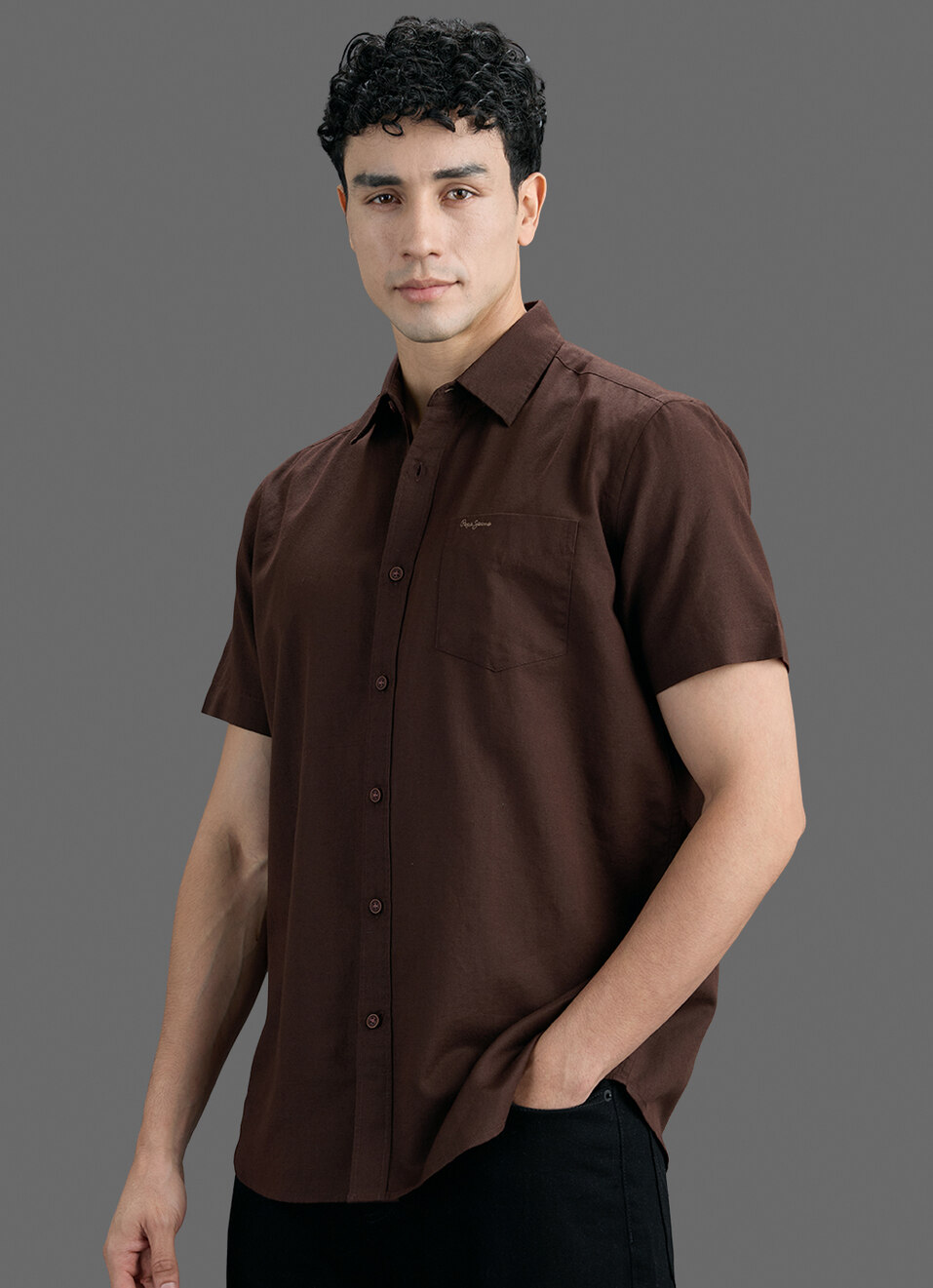 Men Brown Solid Cotton Linen Short Sleeve Shirt, , large image number 7