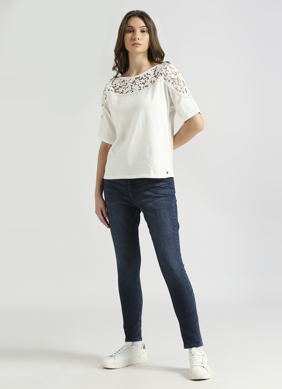 White Lace Detail Extended Shoulder Top, , large image number 5