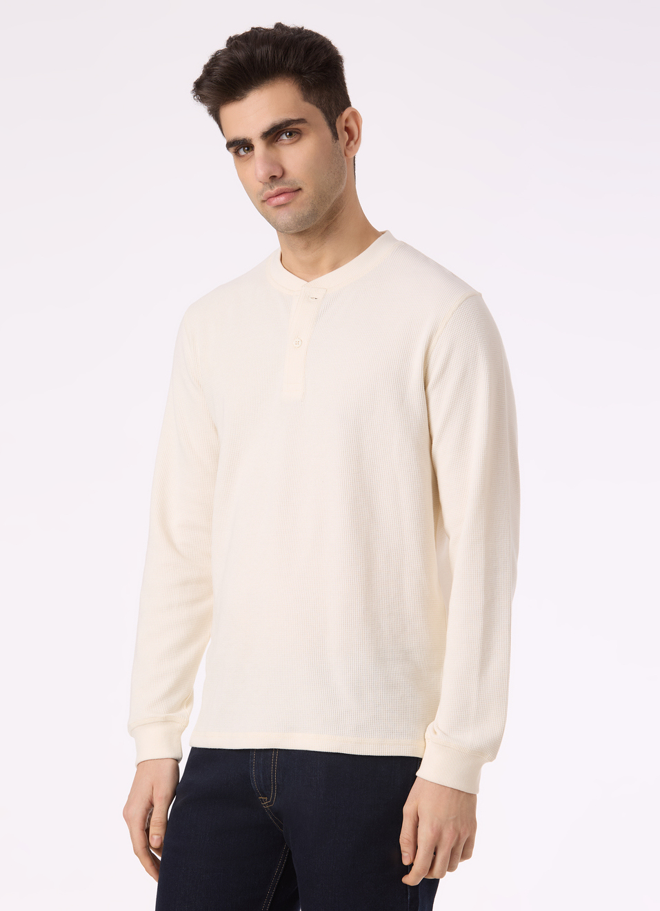Men Ecru Waffle Knit Henley Neck Full Sleeve T-shirt, , large image number 3