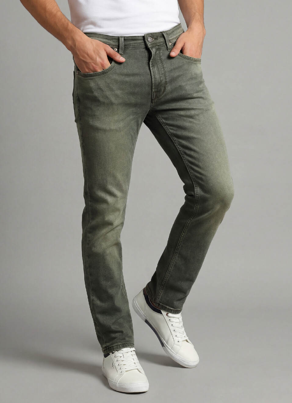 Vapour Green Tinted Low Rise Tapered Gymindigo Jeans, , large image number 0
