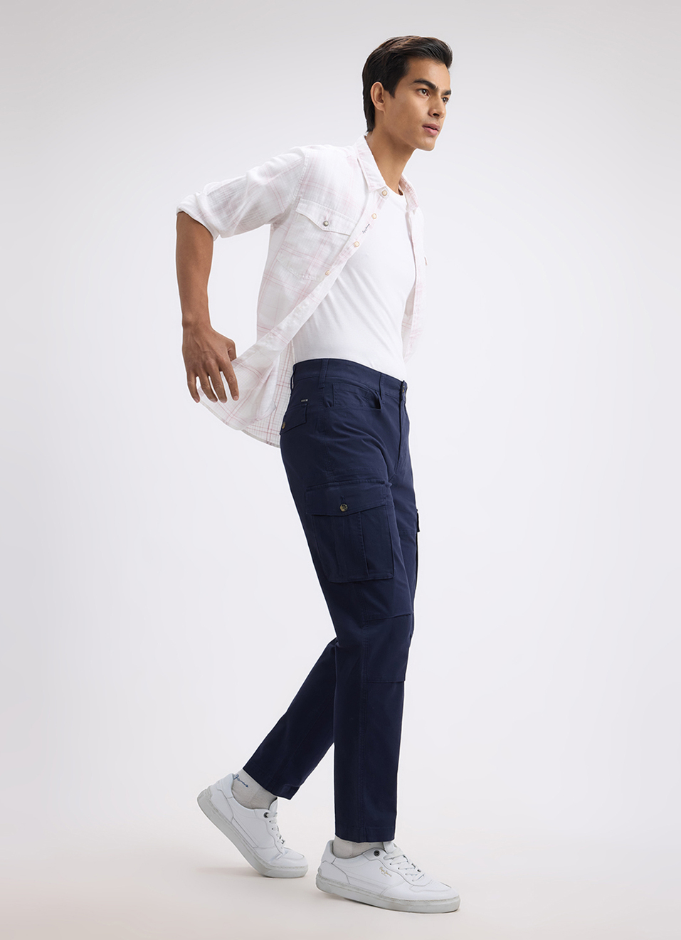 Men Blue Mid Rise Stretch Cargo, , large image number 1