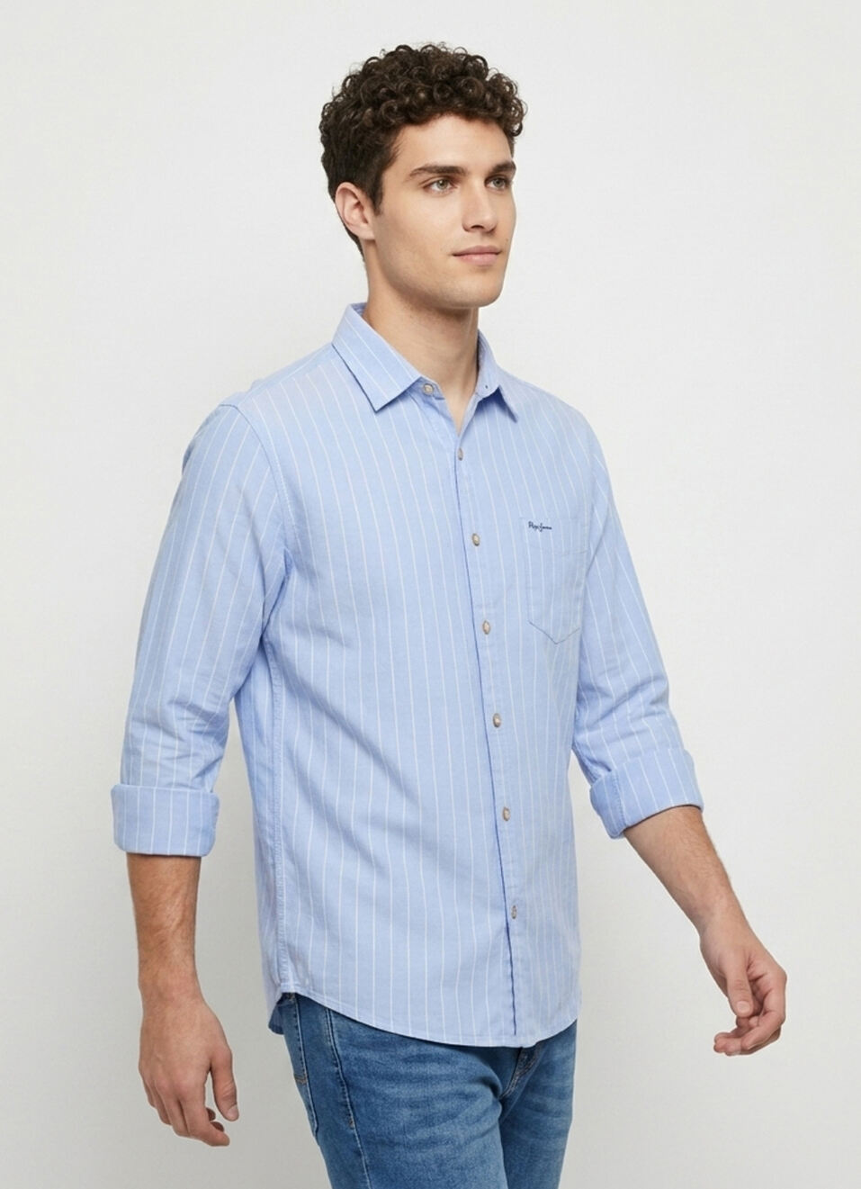 Men Blue Striped Oxford Long Sleeve Shirt, , large image number 3