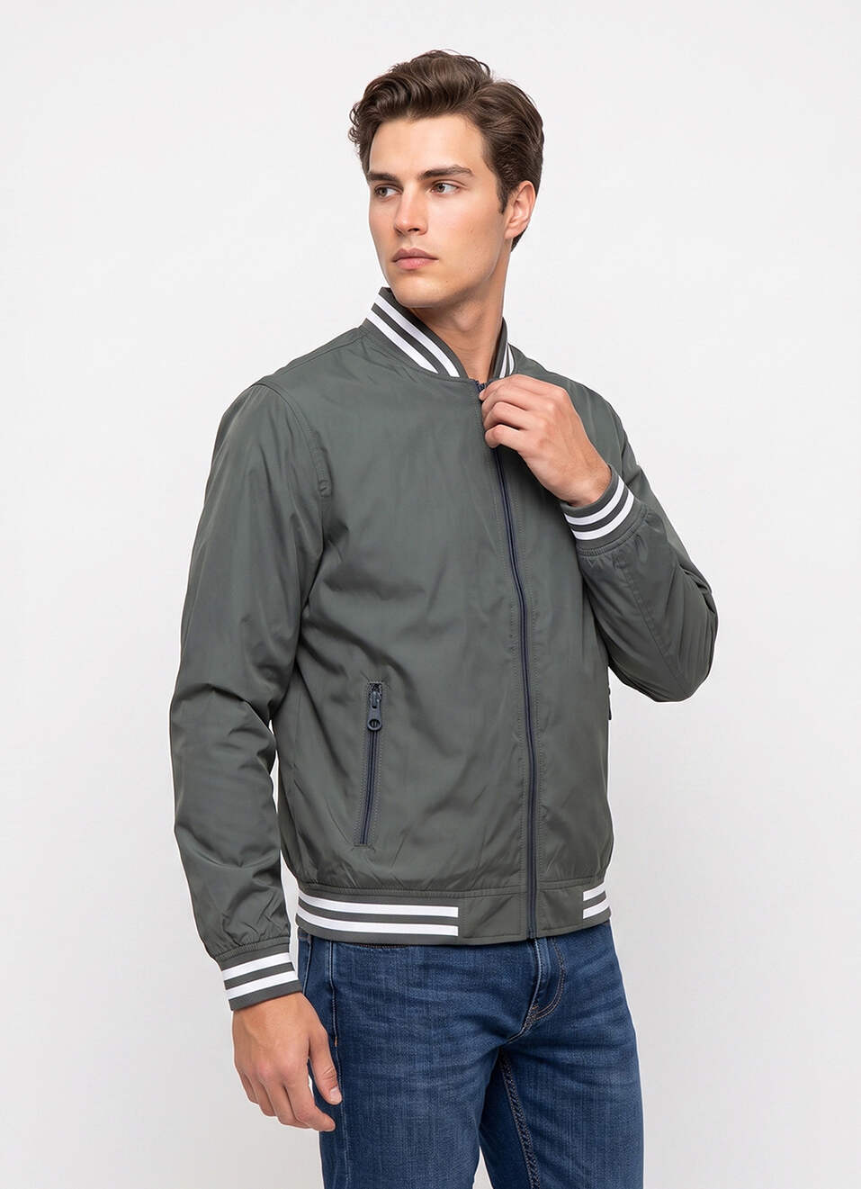 Men Green Solid Baseball Collar Long Sleeve Jacket, , large image number 3