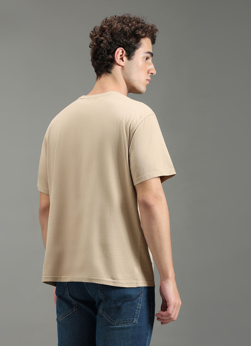 Men Beige Relaxed Fit Graphic T-shirt, , large image number 6