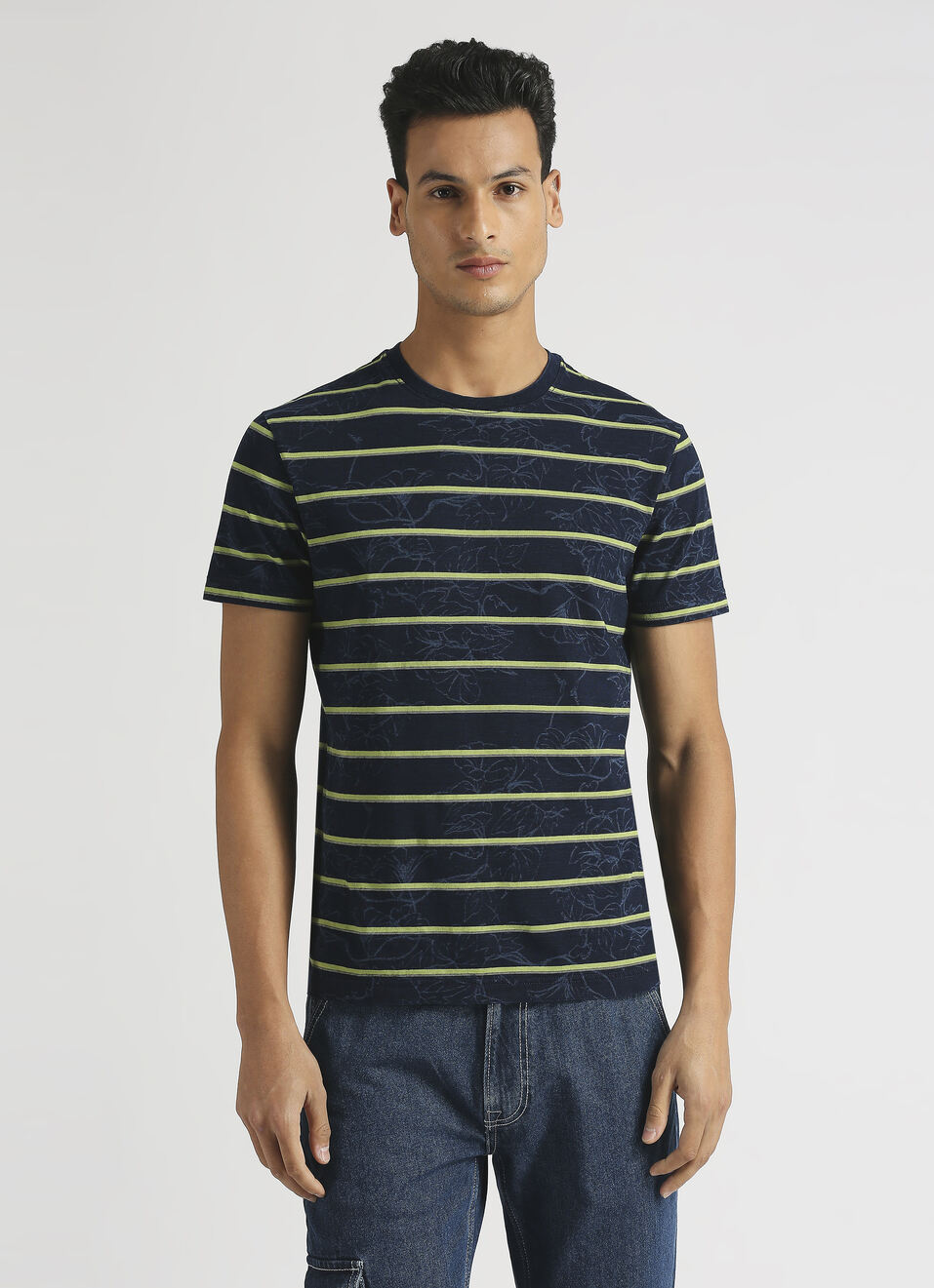 Indigo Tropical Print Stripe Short Sleeve T-shirt, , large image number 1