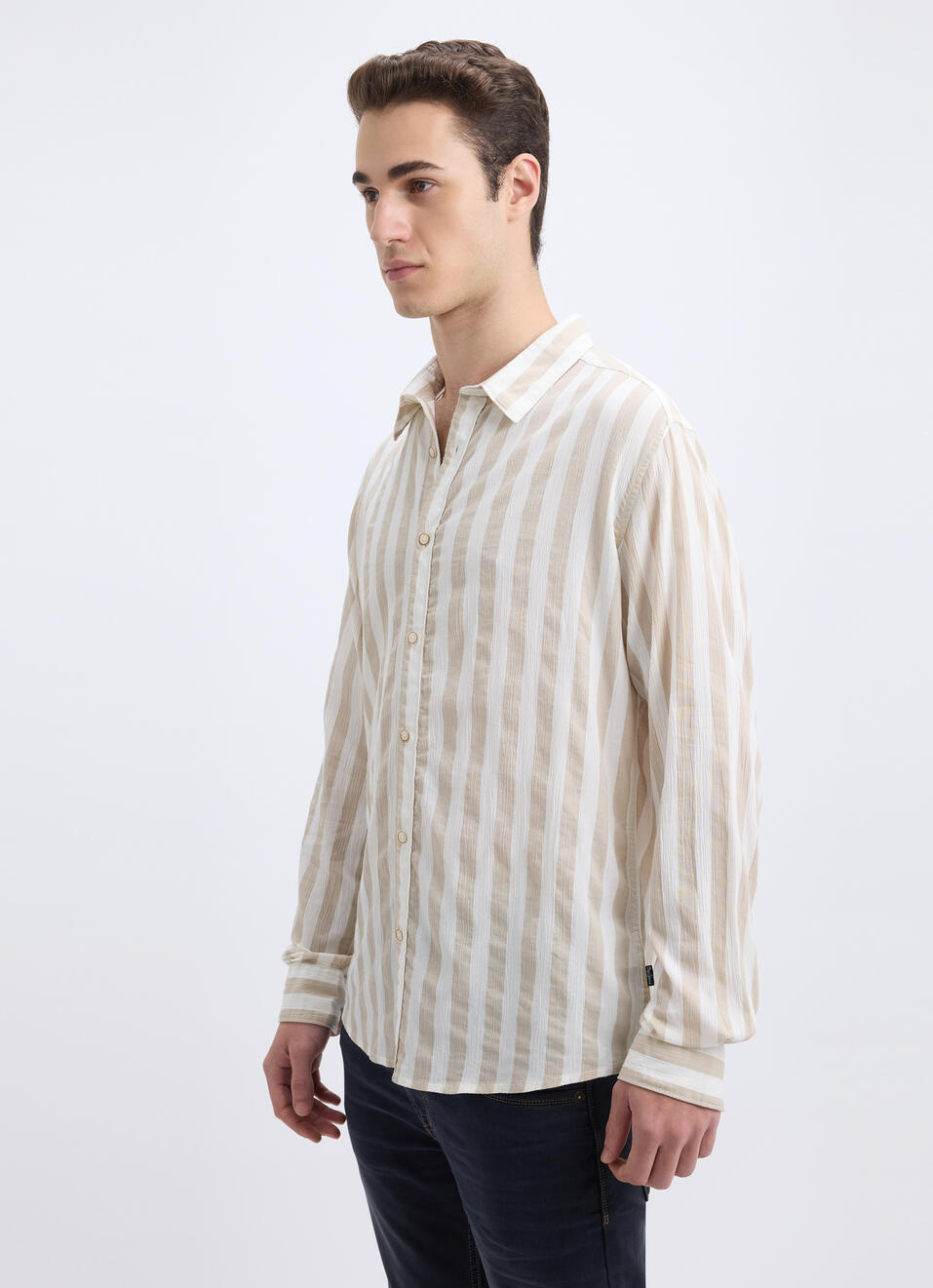 Men Beige Stripe Full Sleeve Shirt, , large image number 3