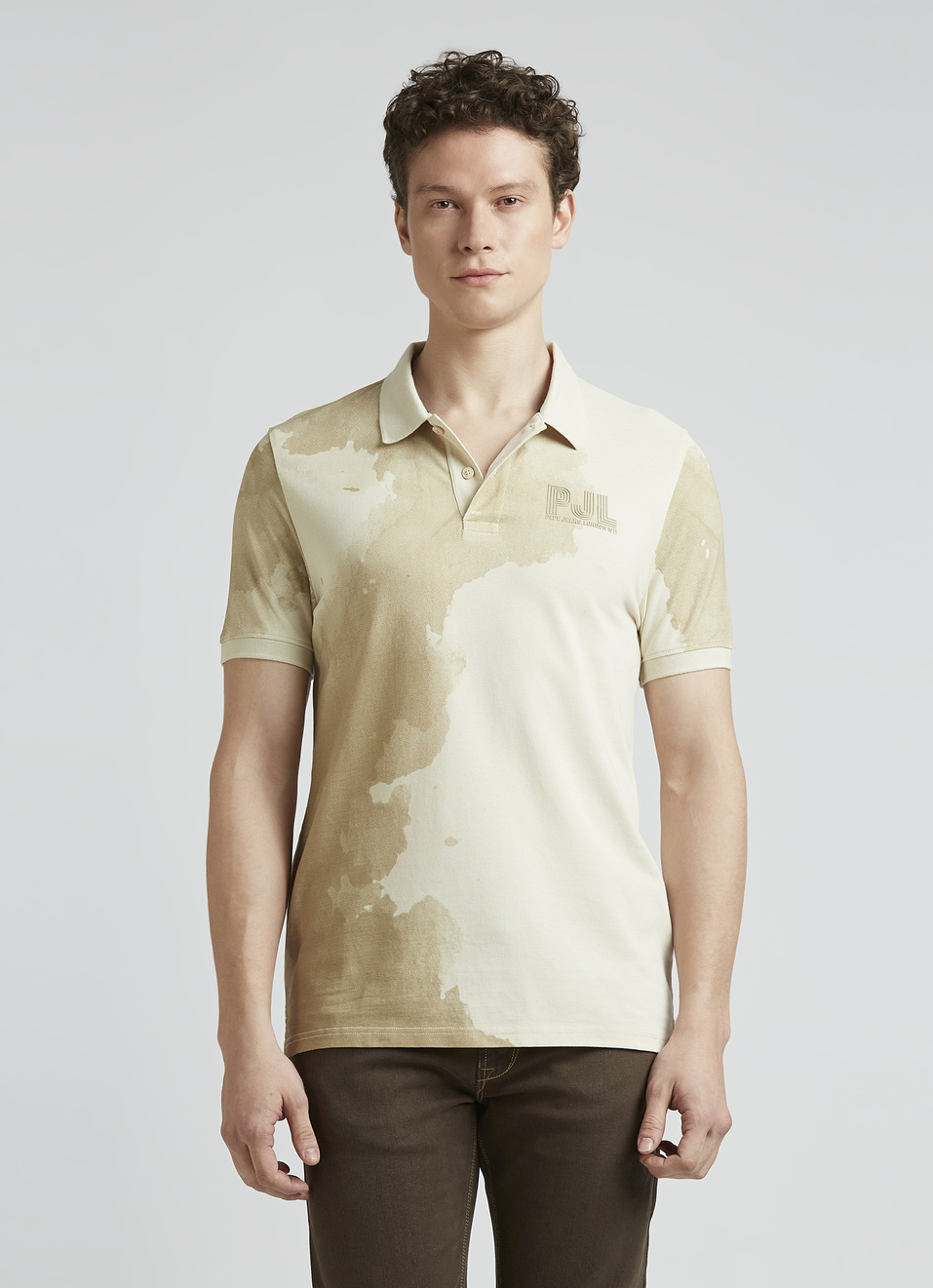 Ivory Graphic Print Short Sleeve Polo, , large image number 1