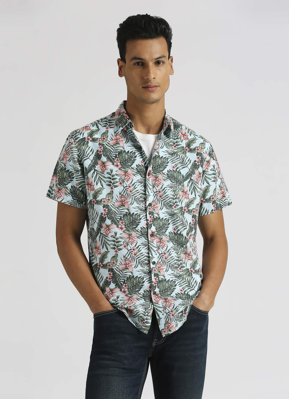 Blue Tropical Print Linen Short Sleeve Shirt, , large image number 0