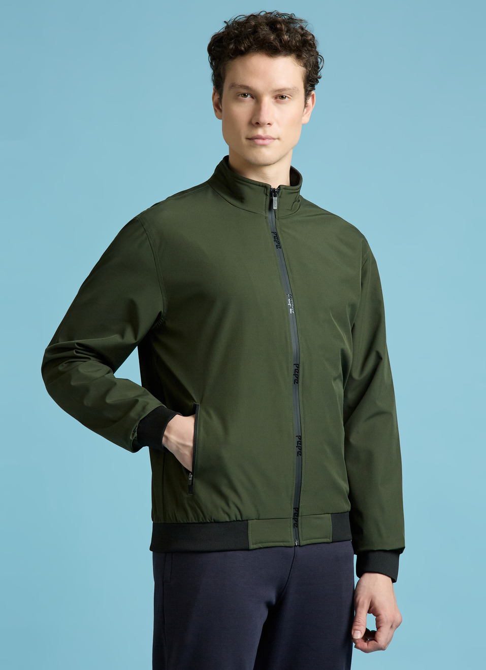 Olive High Neck Full Sleeve Lightweight Jacket, , large image number 3