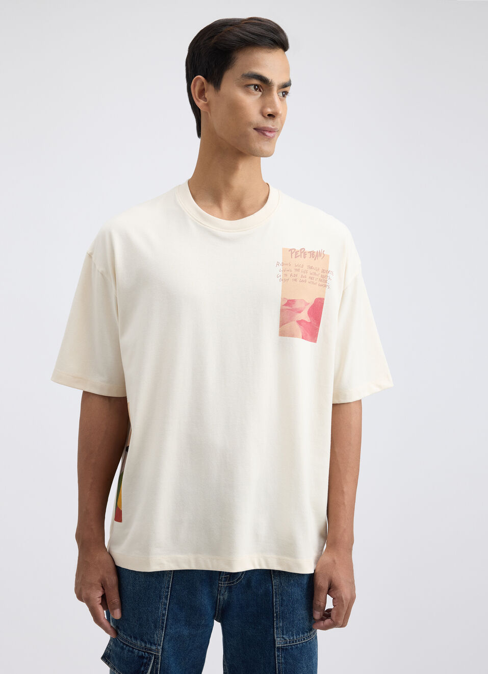 Men White Back Print Short Sleeve Oversized T-shirt, , large image number 1