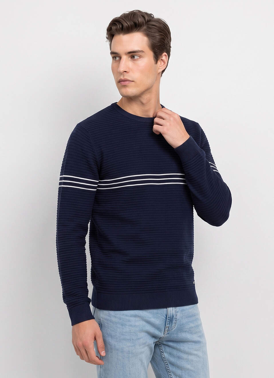 Men Blue Striped Full Sleeve Flat Knit Sweater, , large image number 3