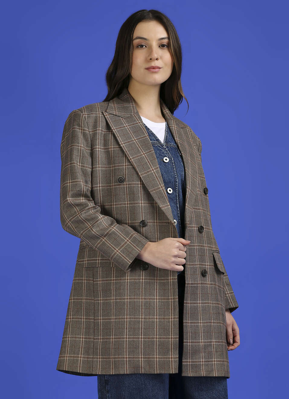 Brown Check Full Sleeve Long Jacket, , large image number 0