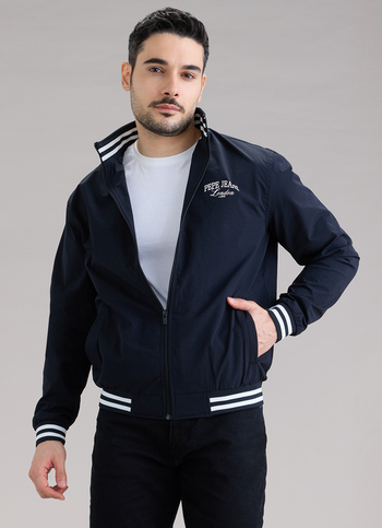 Men Blue Printed High Neck Long Sleeve Jacket