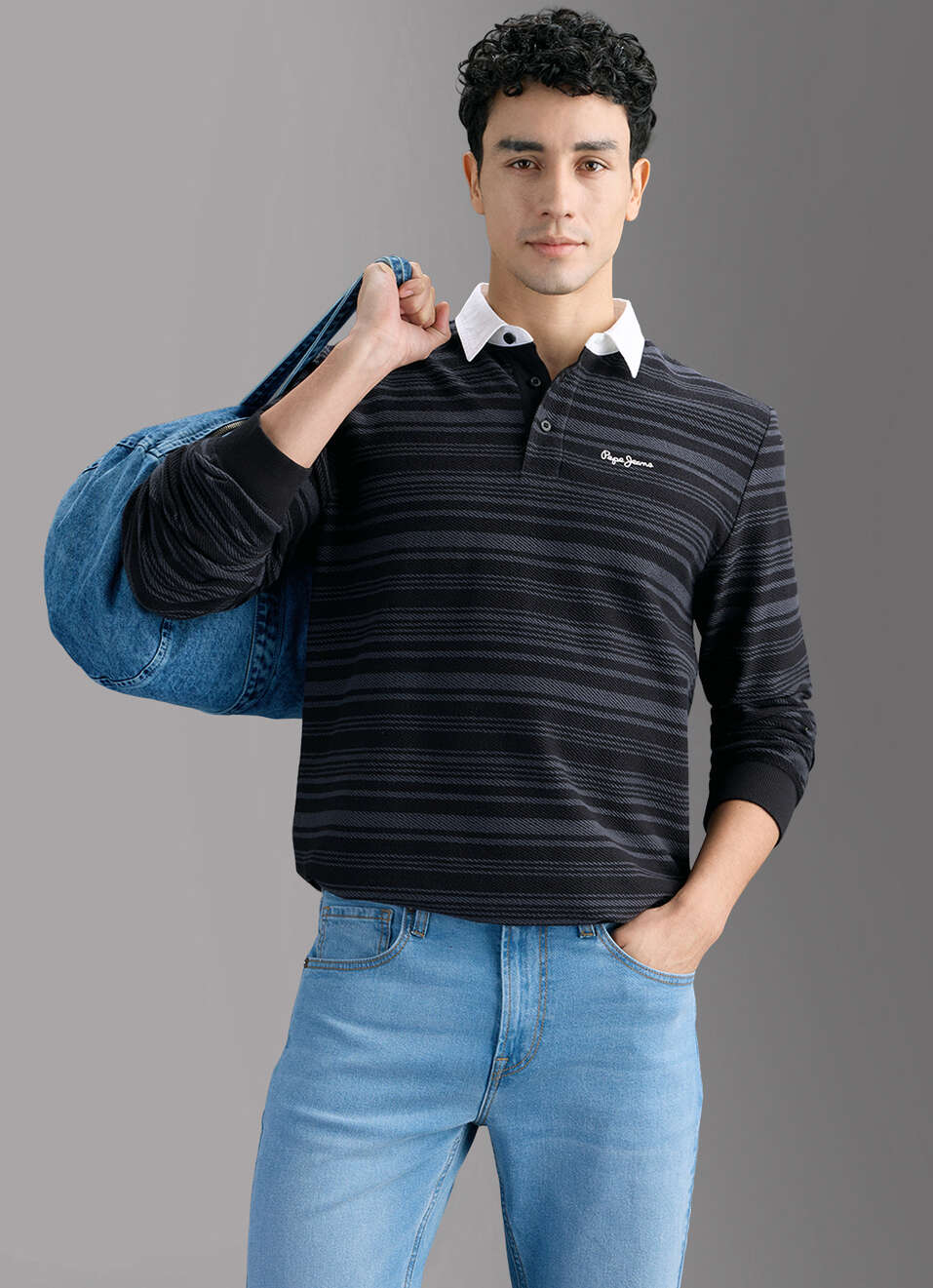 Men Black Striped Rugby Polo T-shirt, , large image number 0