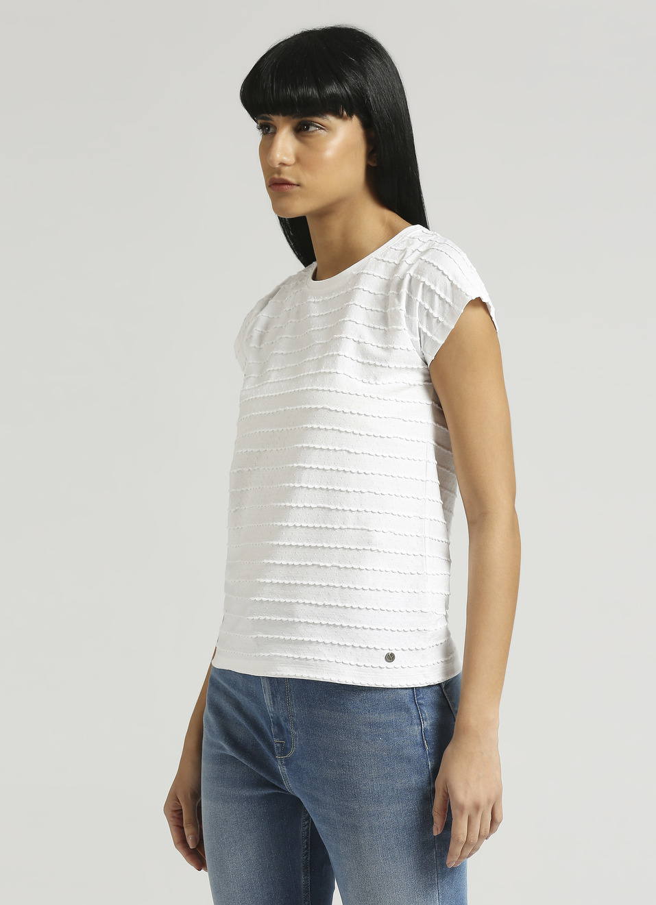 White Textured Extended Shoulder T-shirt, , large image number 3