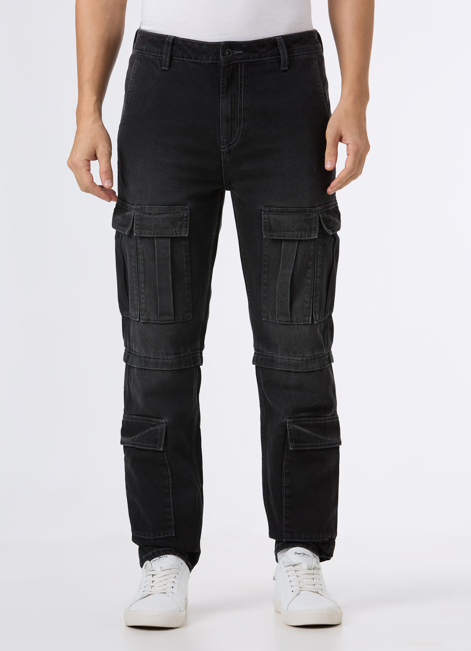 Men Black Mid Rise Multi-pocket Cargo Jeans, , large image number 1