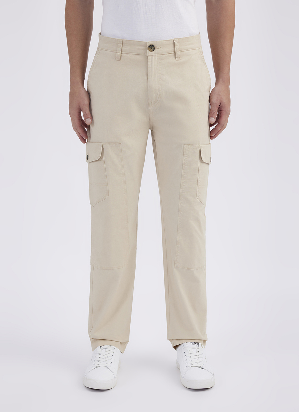 Men Ecru Mid Rise Stretch Cargos, , large image number 2