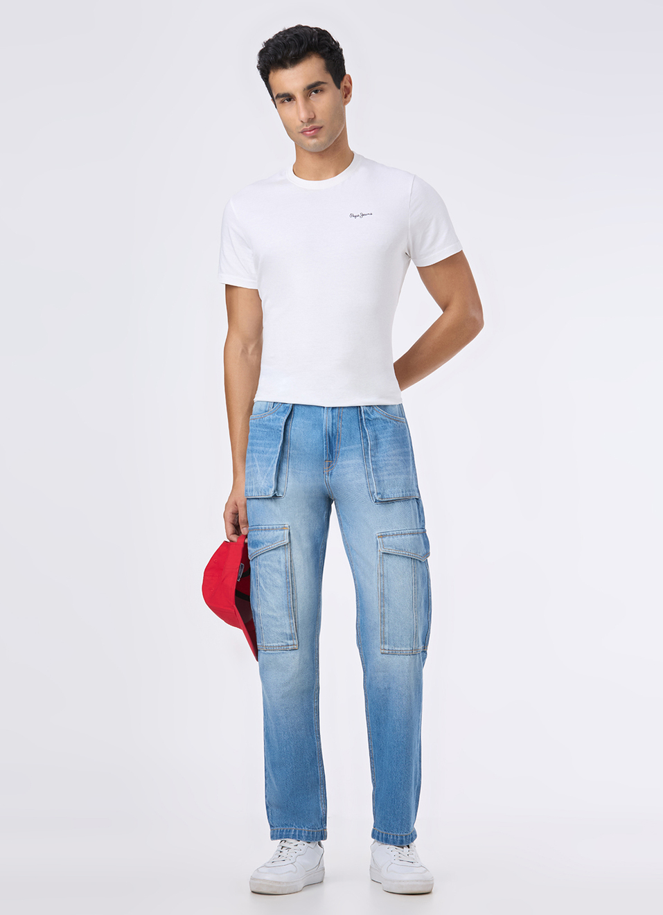 Men Light Blue Mid Rise Utility Cargo Jeans, , large image number 1