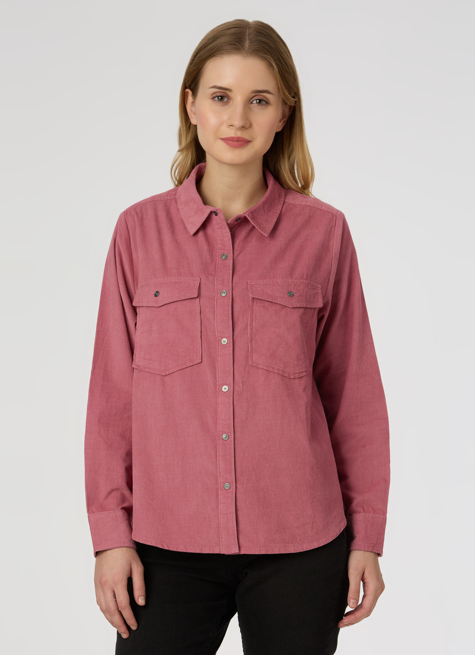 Women Black Corduroy Shirt With Flap Pocket, , large image number 1