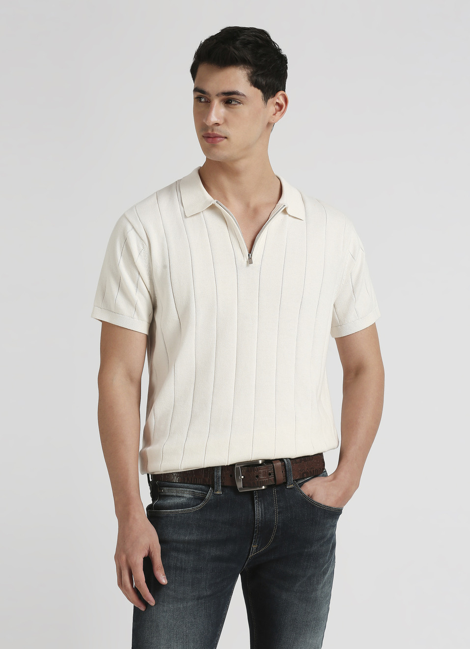 Off White Self Structured Striper Short Sleeve Polo , , large image number 0