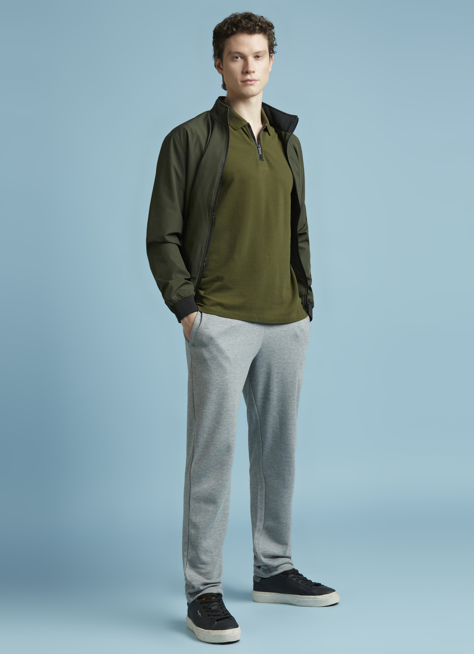 Olive Short Sleeves Zipper Stretch Polo, , large image number 5