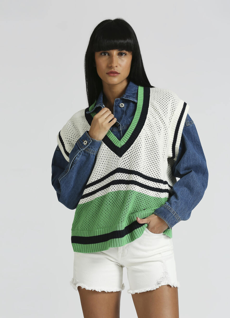 Green Oversized Self-Design Sleeveless Knitted Varsity Vest, , large image number 0