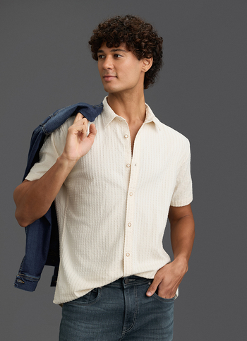 Men Beige Self Textured Regular Fit Short Sleeve Casual Shirt