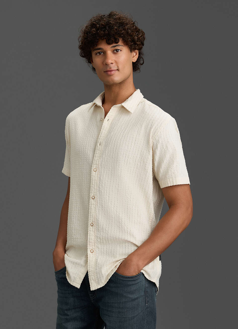 Men Beige Self Textured Regular Fit Short Sleeve Casual Shirt, , large image number 7