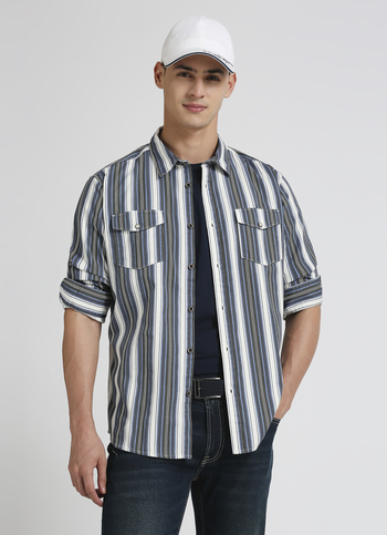 Blue Narrow Stripes Double Flap Pocket Long Sleeve Shirt