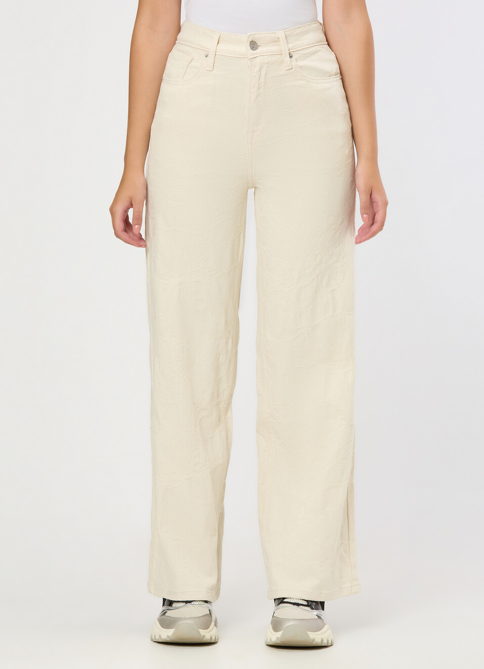Women Ecru Floral Jacquard Wide Leg Jeans, , large image number 1